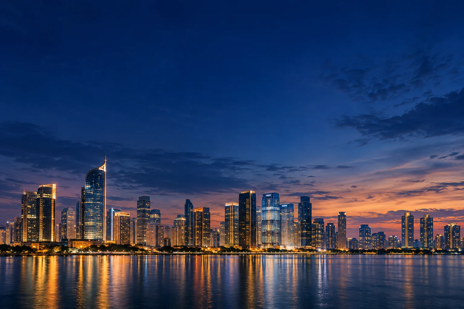 Jakarta-inspired skyline illuminated at twilight beside a calm waterfront