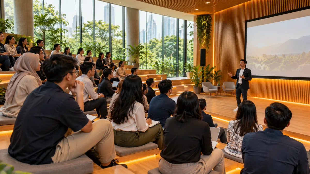 Professionals attending a learning session in a modern auditorium