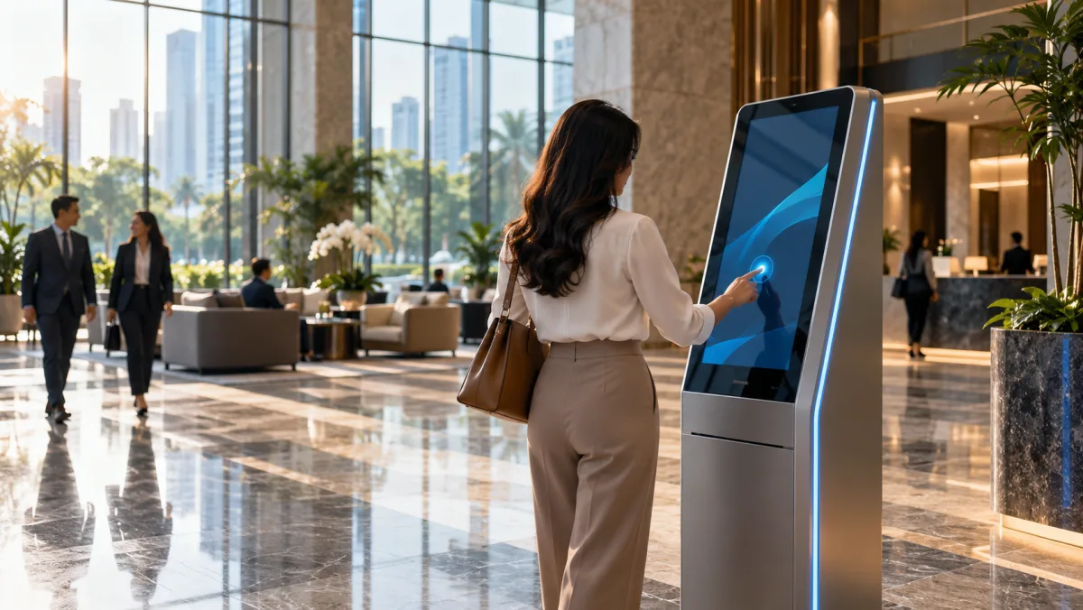 Digital service kiosk in a modern Jakarta lobby