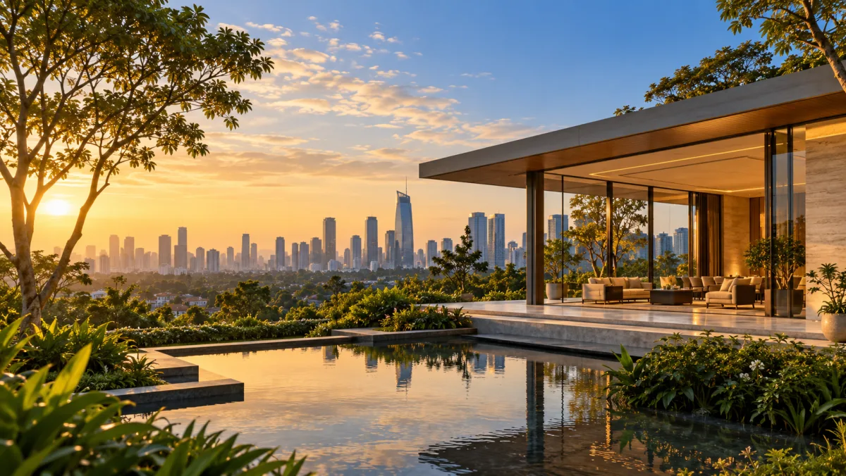 Modern glass pavilion overlooking the Jakarta skyline