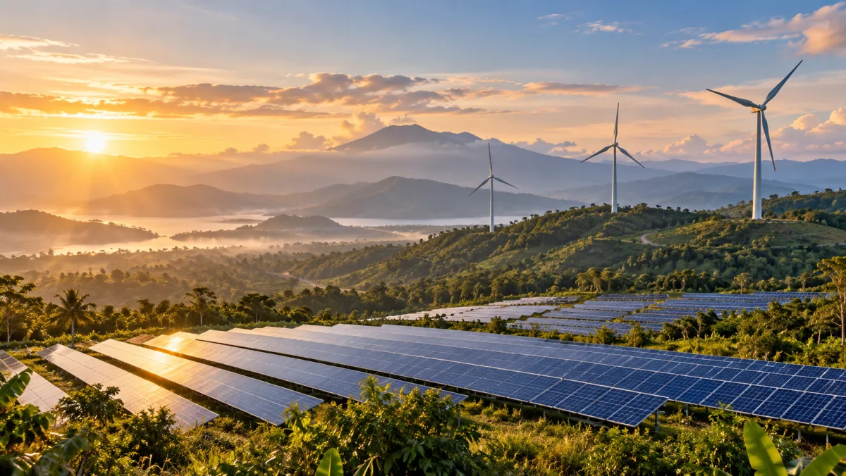 Solar panels and wind turbines in a green landscape