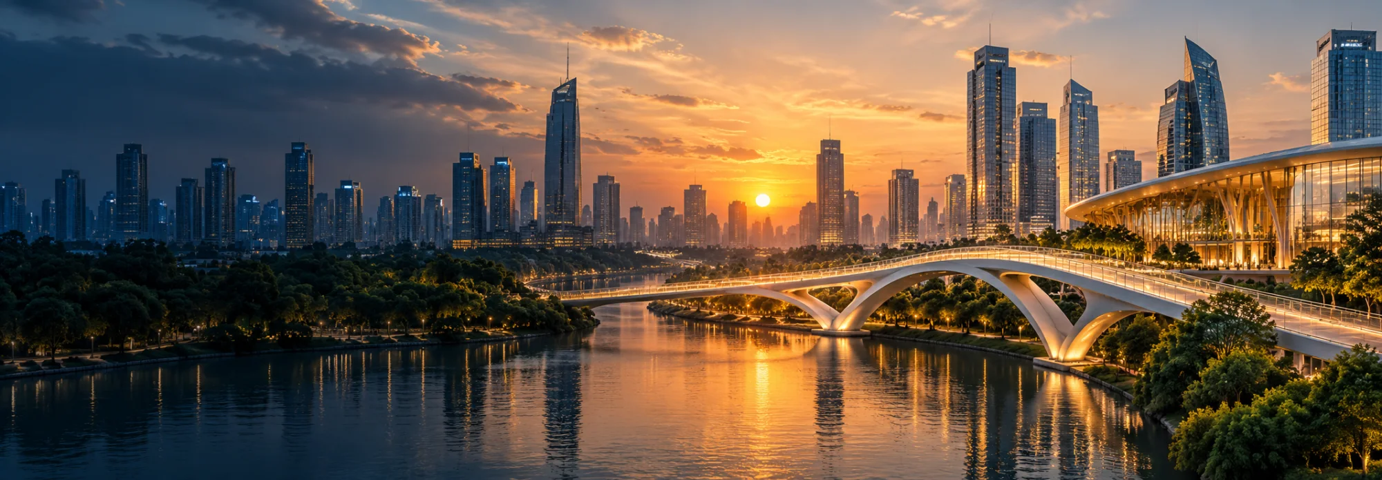 Sunset skyline with an illuminated bridge connecting to a glass pavilion