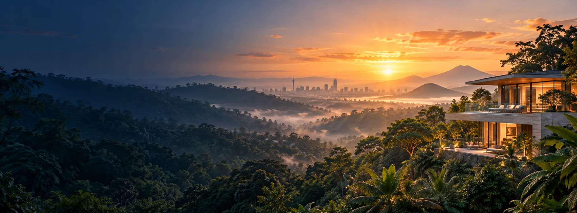 Sunrise over a forested Indonesian valley with a glass pavilion
