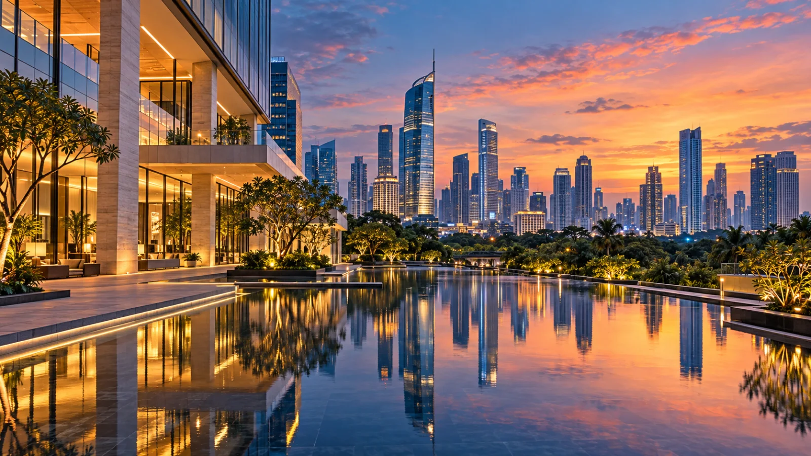 Glass innovation campus reflected in water against a city skyline at dusk