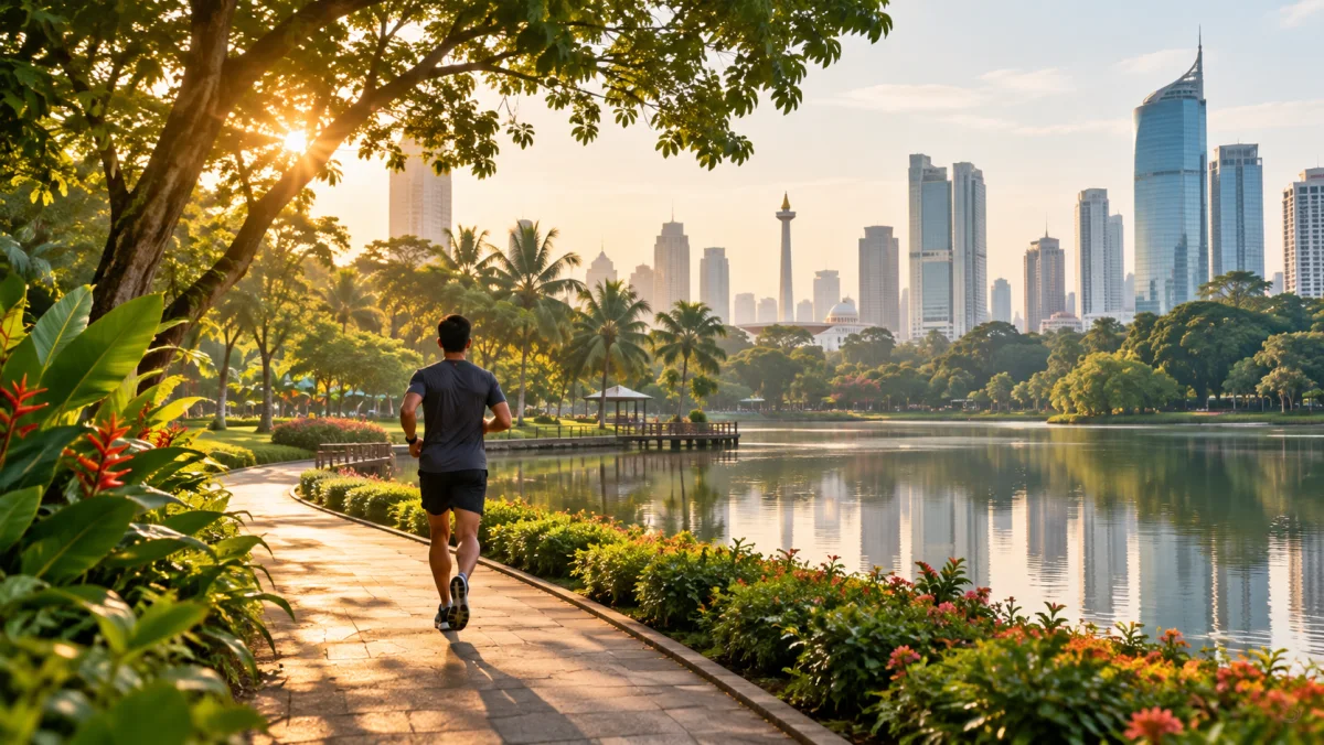 Runner beside a lake in a green urban park at sunrise