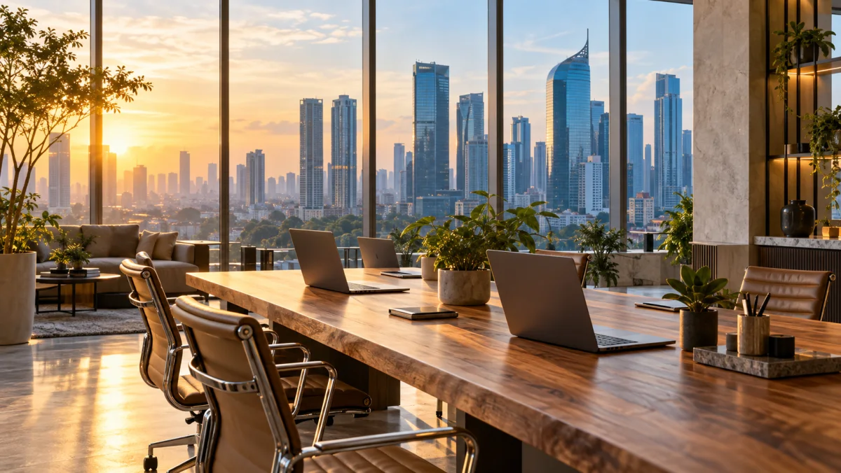 Bright modern workspace overlooking Jakarta at golden hour